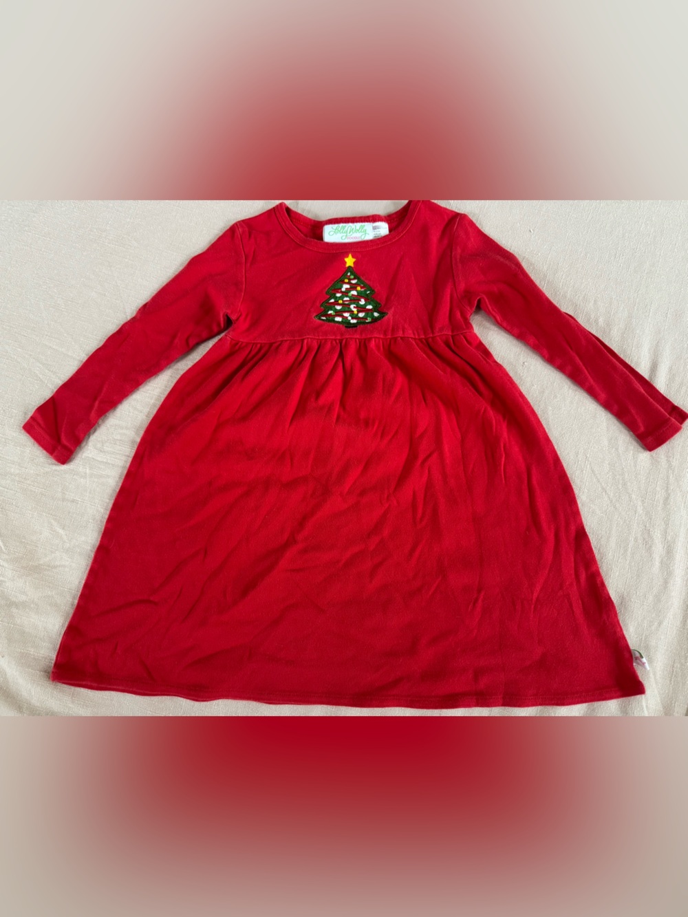 Lolly Wolly Doodle Holiday Red Long-Sleeve Dress, Christmas Tree Embroidery